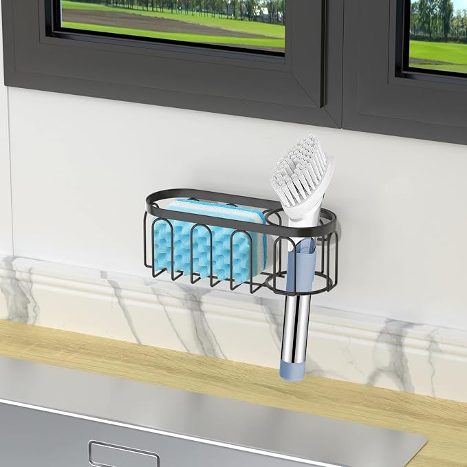 2-in-1 Sponge Holder for Kitchen Sink, Sink Caddy Kitchen Sink Organizer with 3 Suction Cups, No Drill Rustproof Sink Sponge Holder for Dish Brush, Soap & Sponge (Black)