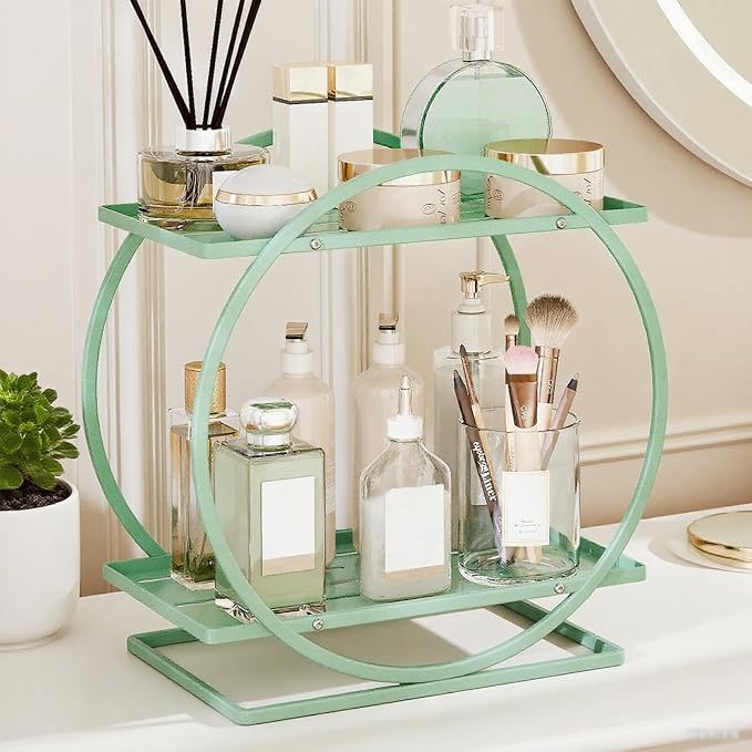 Perfume Organizer for Dresser, 2-Tier Bathroom Counter Organizers, Elegant Round Makeup Organizer for Vanity, Bathroom Organizer Countertop Shelf, Perfume Tray Skincare Storage (Green)