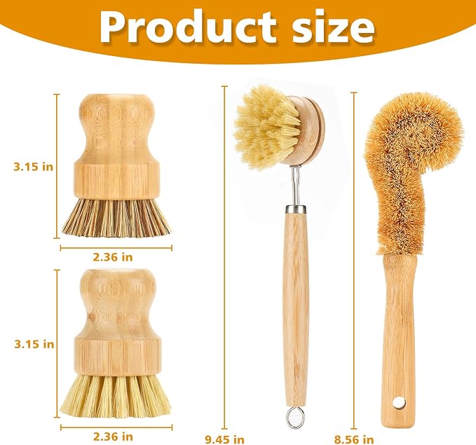 SAMEBUTECO Bamboo Dish Brushes Sets 4 Tools in One Kitchen Clean Dish Scrubber for Pots Pans Bottles with Natural Bristles (Bamboo Brushes Sets)