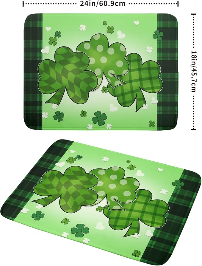 St Patricks Day Shamrocks Lucky Clovers Dish Drying Mat for Kitchen Counter St Patrick's Day Decorative Drying Pad 18x24 Inch Irish Green Buffalo Check Plaid Drying Dish Mats for Countertop Coffee Bar