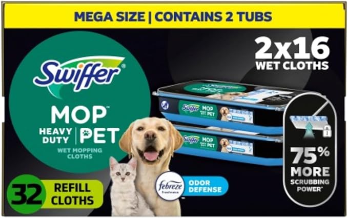 Swiffer Heavy Duty Mop Wet Multi-Surface Cloth Refills for Floor Mopping and Cleaning, Pet with Febreze Odor Defense, 32 count