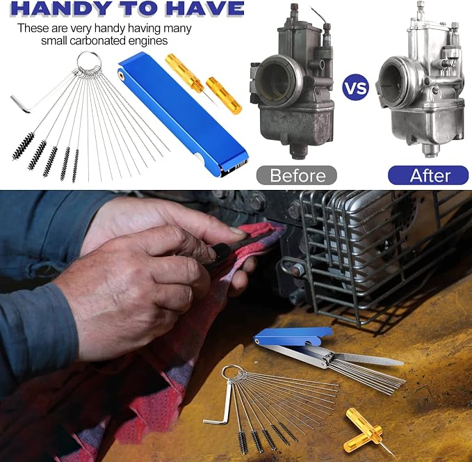 Valchoose Carburetor Cleaning Kit, Multi-Size Jet Clean Tools, 1 Set | 13 Wires,10 Needles,5 Brushes,1 Pick,1 Wrench, Efficiently Removes Carbon Deposits, Fits Motorcycle, ATV, Welder & Airbrush