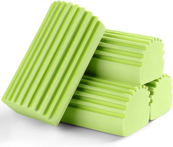 Jeymei Damp Clean Duster Sponge,4Pcs Green Dust Sponge for Cleaning | Damp Dusting Sponge with Ridges,Baseboard Cleaning Tool,Reusable Wet Duster Sponge,Household Cleaning Sponges for Blinds