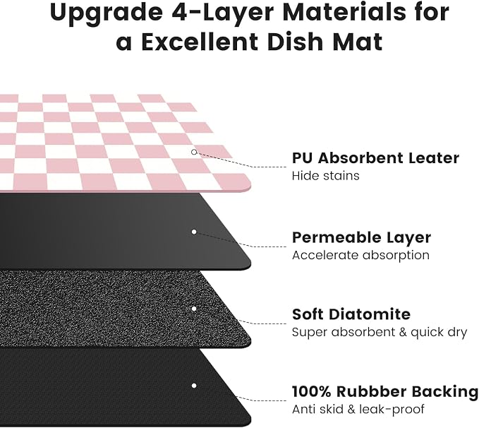 17" x 32" Checkered Dish Drying Mat for Kitchen Counter, Absorbent Coffee Bar Mat for Espresso Machine Coffee Countertops Accessories, Pink