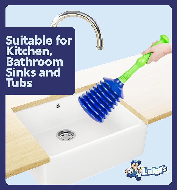 Luigi's Sink Plunger Kitchen - Sink Plunger Bathroom - Drain Bathtub or Shower - Large and Powerful Clog Remover - Commercial Style Plumbers Plungers with Large Bellows - Blue Green - Grande