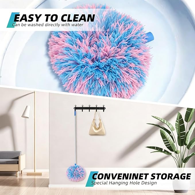 DRQ Ceiling Fan Cleaner Duster, 2 Pack Reusable Microfiber Duster with Extension Pole, 13 to 48 Inch Fan Blade Cleaner, Removable Dusters for Cleaning Walls Bookshelves Door Window Top (Blue Pink)