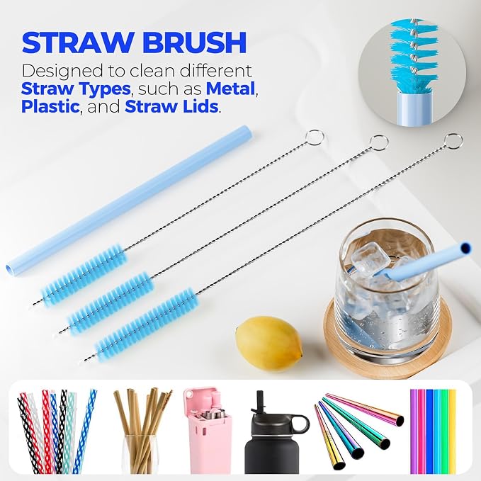 Holikme 6 Pack Brush Set, 14" Long Handle Stainless Steel Cleaner, 3 Straw Brushes, 4-in-1 Cleaning Brush for Water and Baby Bottles Straws, Aqua