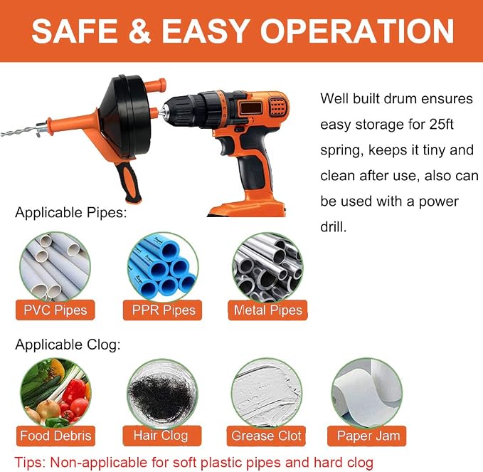 Drain Auger, Clog Remover with Drill Adapter, 25 Feet Flexible Plumbing Snake Use Manually or Powered for Kitchen, Bathroom and Shower Sink, Comes with Gloves (orange)