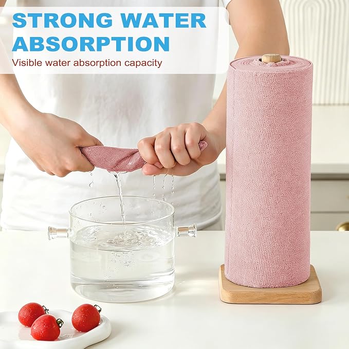 Puomue 55 Pack Microfiber Cleaning Cloth Roll, Tear Away Reusable Paper Towels, 11" X 9", Ultra Absorbent & Lint Free Microfiber Cloth for Cleaning Cars, Kitchen, Window, Home and Shop, Pink