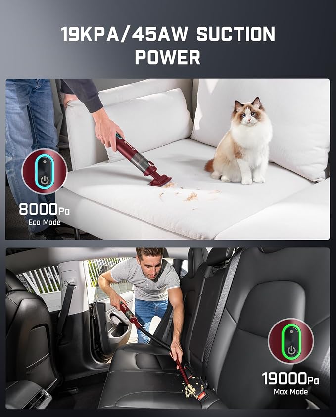 Fanttik Slim V8 APEX Car Vacuum, 4-in-1 Portable Mini Cordless Vacuum with 19000pa Suction Power for Pet Hair, Type-C Charge, One-Touch Empty for Car, Office Desk, Keyboards (Red)