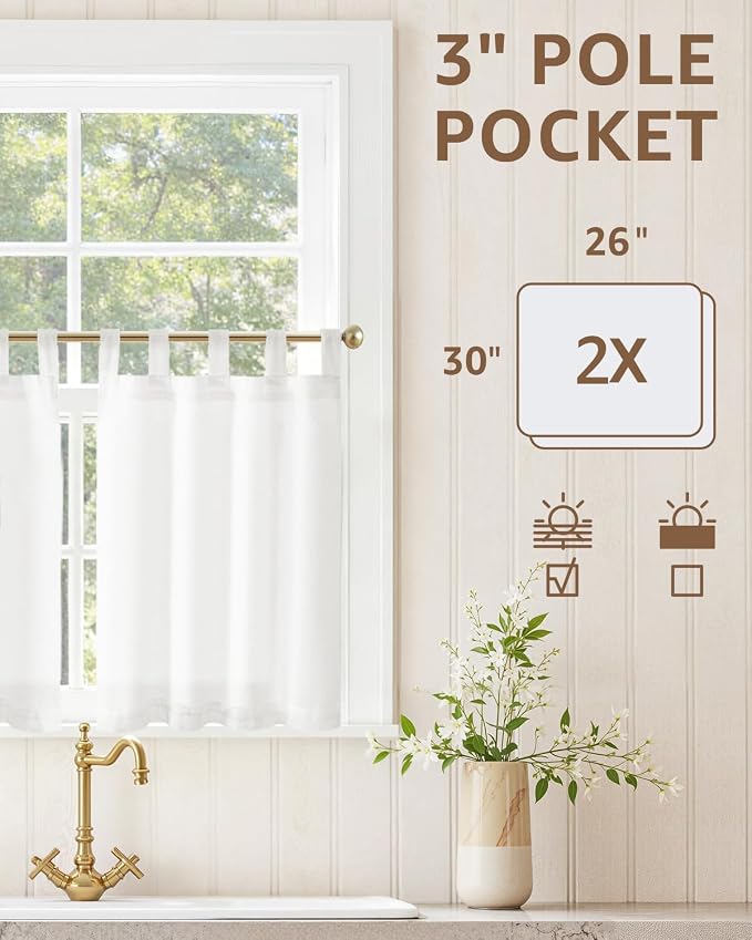 jinchan Linen Tier Curtains, Tab Top, 26x30, 2 Panels, Beige White | Light filtering, linen blend, farmhouse style, rustic decor, cafe curtain, kitchen, bathroom, laundry room, RV, small windows