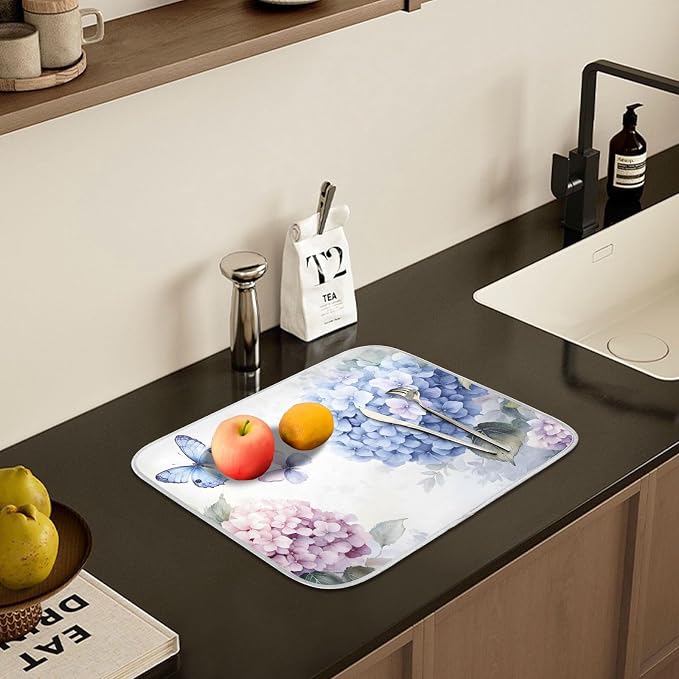 Blue Pink Hydrangea Spring Floral Dish Drying Mat for Kitchen Counter Absorbent Microfiber Large Drying Pad Dish Mats for Kitchen Countertops 18 x 24 Inch