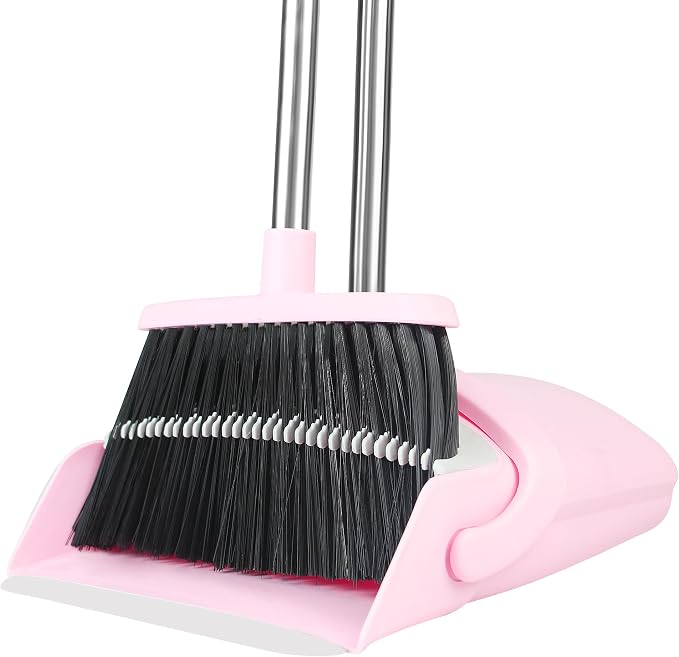 Pink Broom and Dustpan Set for Home, 52-in Long Handle Broom with Dustpan Combo with Dustpan Teeth Easy to Scrape Off Pet Hair, Indoor&Outdoor Sweeping（Pink）