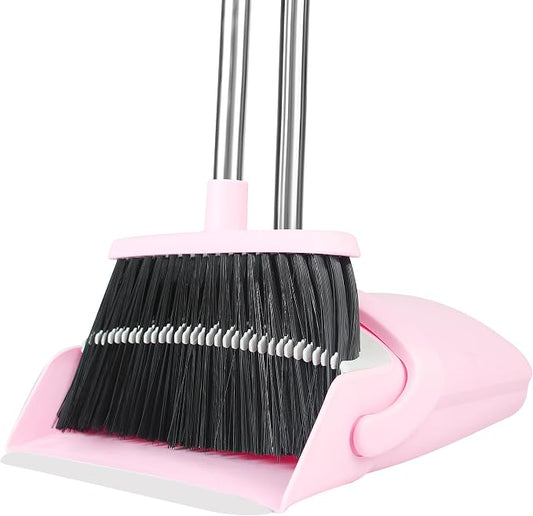 Pink Broom and Dustpan Set for Home, 52-in Long Handle Broom with Dustpan Combo with Dustpan Teeth Easy to Scrape Off Pet Hair, Indoor&Outdoor Sweeping（Pink）