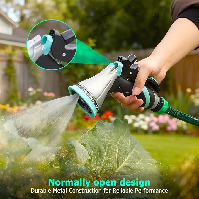 QUOBAS Metal Garden Hose Nozzle, Heavy Duty Water Hose Sprayer, Leak Proof | 10 Pattern Water Nozzle with Rubber Gasket, Garden Sprayer for Watering Plants, Washing Cars, Pet Shower, Blue