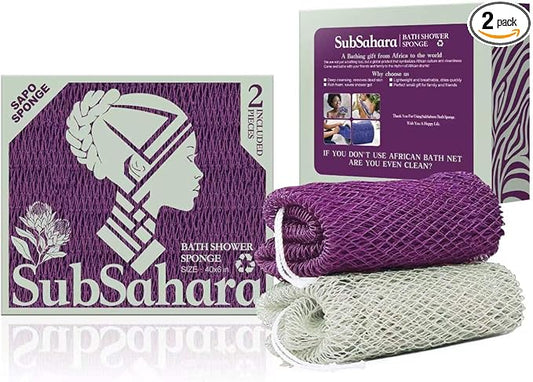 SubSahara Authentic African Net Sponge - 2 Pieces Exfoliating Scrubber for All Skin Types, Bath Sponge for Face & Body, Travel Portable, Durable, Gentle Exfoliation (Berry & Sage Green)