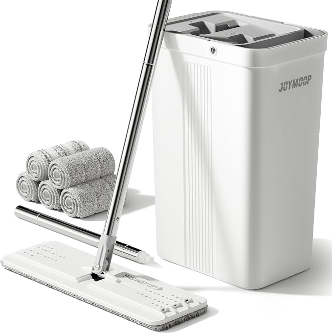 JOYMOOP Flat Mop System, Microfiber Mop and Bucket Set, White, Floor Cleaning for Home & Commercial Use, Wet Dry Mop for Hardwood Floors, Long Handle, Includes 5 Washable Pads