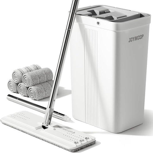 JOYMOOP Flat Mop System, Microfiber Mop and Bucket Set, White, Floor Cleaning for Home & Commercial Use, Wet Dry Mop for Hardwood Floors, Long Handle, Includes 5 Washable Pads