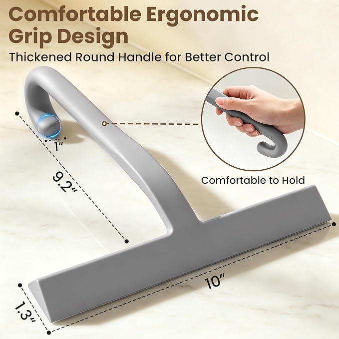 10 Inch Silicone Shower Squeegee for Glass Doors, Streak-Free, Grey | No-Squeak Silicone Blade, Ergonomic Round Grip and Built-In Hook for Quick Daily Cleaning of Shower Glass, Tile and Windows