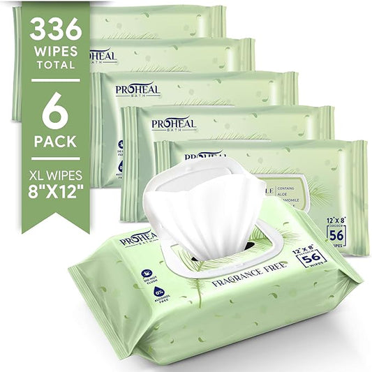 Extra Large Adult Wipes for Elderly - 6 Packs of 56 [336 Count] 12" x 8" Disposable Washcloths, Extra Thick Body Wipes for Bathing No Rinse, Fragrance Free Hypoallergenic for Sensitive Skin, ProHeal