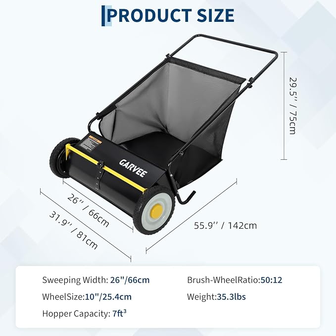 Garvee 26 in Heavy-Duty Push Lawn Sweeper - 4 Spinning Brushes, 7Ft³ Large Capacity Collection Bag, Adjustable Height for Grass, Leaves & Debris On All Terrains, Black
