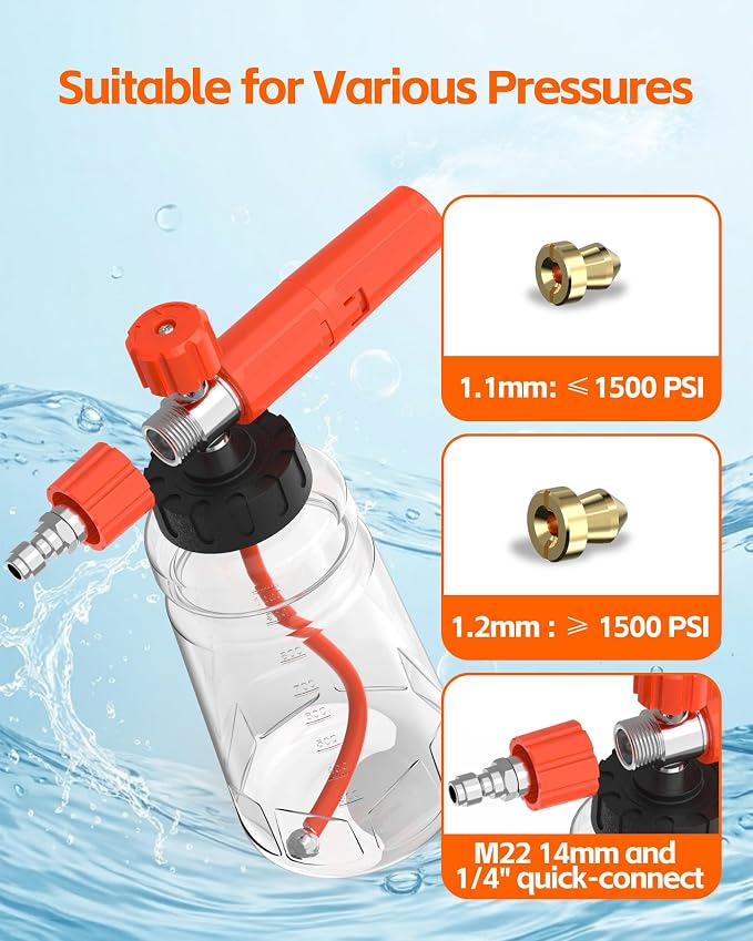 Foam Cannon for Pressure Washer with 1/4" Quick Connector, Wide Mouth Foam Cannon, Adjustable Soap Cannon for Car Wash, Additional 1.1mm Orifice Nozzle (Orange)