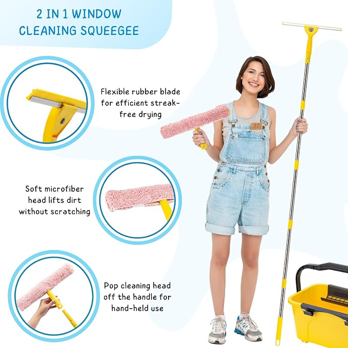 Professional Window Cleaning Kit with 3 Gallon Bucket, 6 Ft Long Handle Glasses Cleaner Squeegee with Spray Bottle and Scrubber for Home and Commercial Use, Car Windshield Washing Tool, Yellow
