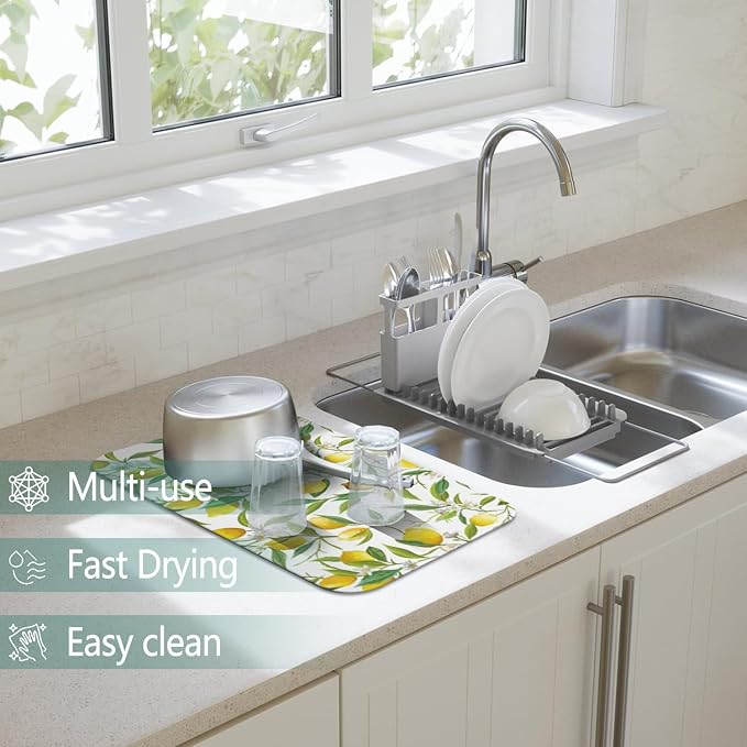 Dish Drying Mat 2-Pack with Lemon for Kitchen Counter Absorbent Dishes Mat | Diatom Mud Mats (18x24, 19.5x12"). Non-slip rubber back for kitchen counter, coffee bar & sink scenes