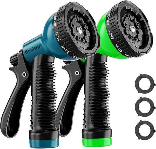 Besiter Garden Hose Nozzle Sprayer 10 Watering Patterns Spray Nozzles Heavy Duty Hose Head Lightweight Hose Attachment 2 Pack Bluegreen