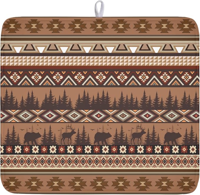 Giwawa Rustic Bear Deer Dish Drying Mat Boho Ethnic Drainer Rack Pad 16x18 Inch Microfiber Absorbent Dish Sink Mat for Counter Kitchen Tableware