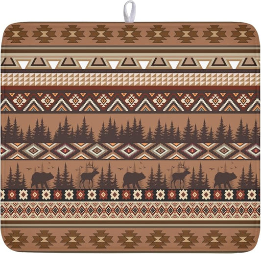 Giwawa Rustic Bear Deer Dish Drying Mat Boho Ethnic Drainer Rack Pad 16x18 Inch Microfiber Absorbent Dish Sink Mat for Counter Kitchen Tableware