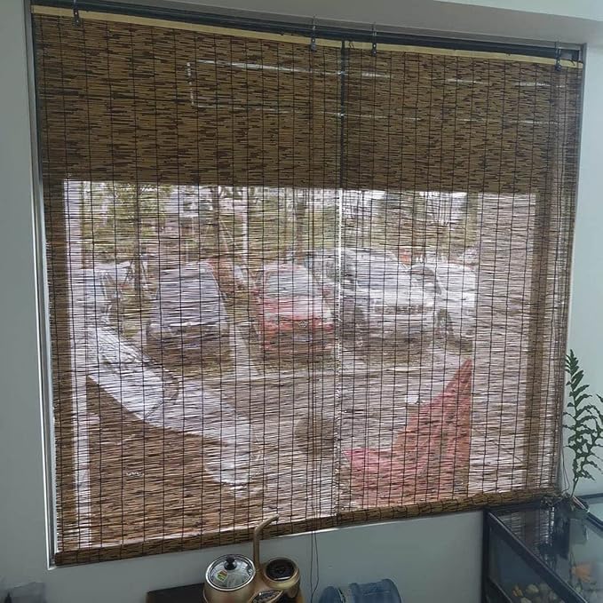 Bamboo Shades for Outdoor Patio, Natural Reed Roller Blinds for Indoor Windows, Retro Cordless Shades 20 22 27 30 36 48 72in Outside Privacy Bamboo Roll Up Shades(Natural White,56" W x 72" H)