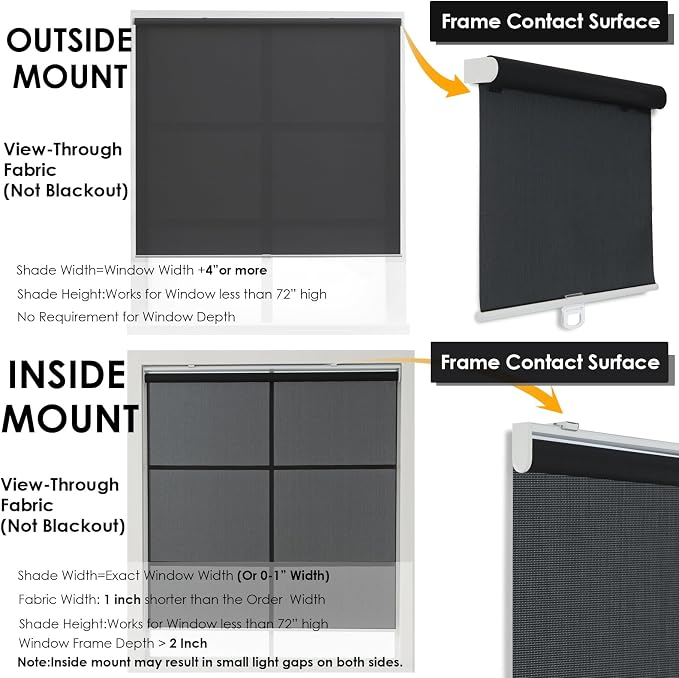 Cordless Roller Shades for Windows,Light Filtering Pull Down Blinds,Solar Screen Door Blinds,Flame Retardant UV Protection Fabric for Home Office (44" W x 72" H,Solar Black)