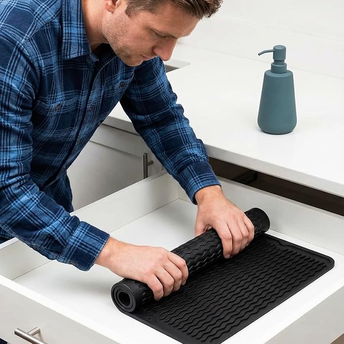 MicoYang Silicone Dish Drying Mat — Quick-Dry Ridges Counter & Sink Pad, Heat-Resistant Trivet to 450°F, Non-Slip & Dishwasher Safe, Roll-Up Storage, 18 Colors & 9 Sizes (Black, 16"×12")