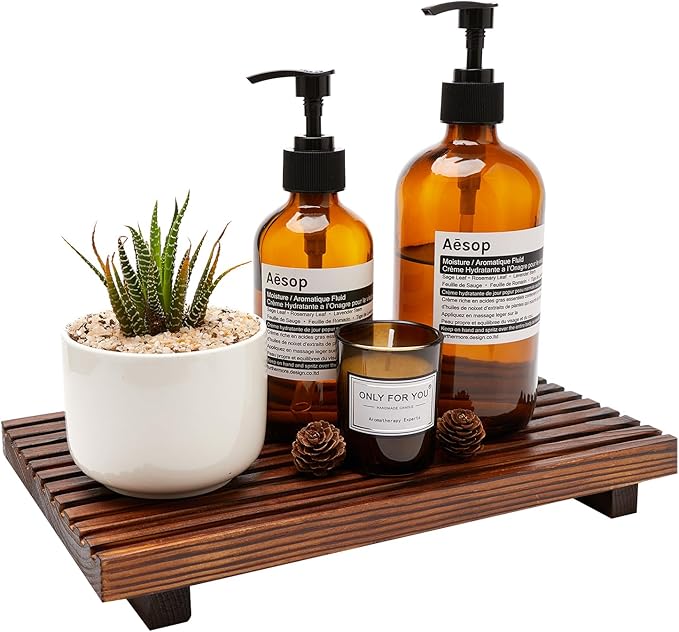 Decorative Wooden Tray for Bathroom Counter Kitchen Wood Riser Vanity Tray | Farmhouse Bathroom Sink Accessories Wood Display Pedestal Stand Countertop Tray Teak Bathtub Dish Soap Dispenser Holder