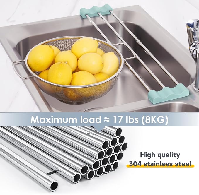 Extendable Over Sink Drying Rack, 3-Bar Telescopic Sink Dish Rack, SUS304 Stainless Steel with Light Cyan Silicone Ends, 10.24-20.47 in Adjustable, 16.5 lb Heat Resistant 428°F, Dishwasher Safe