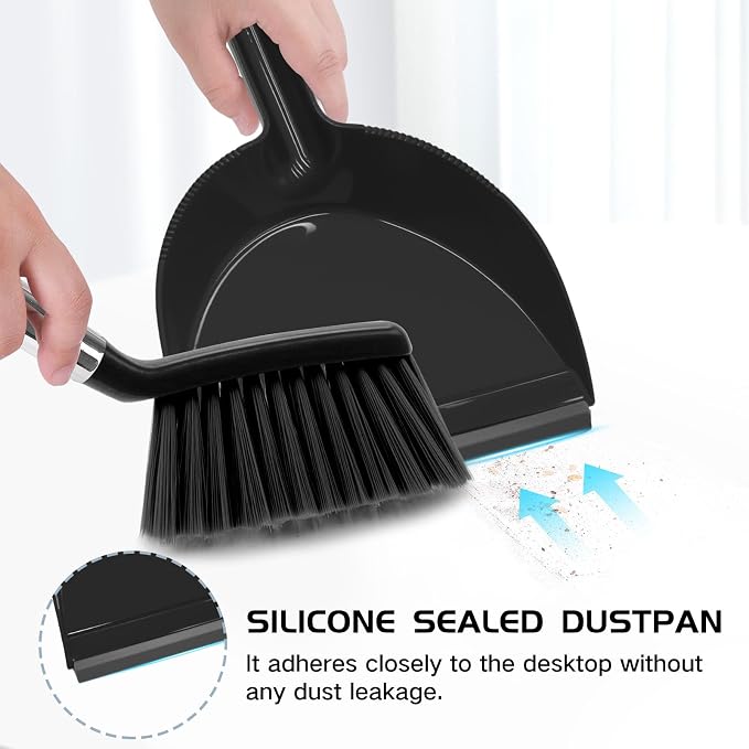 NACENA Mini Broom and Dustpan Set, 2 Packs, Black | Small Dust Pan and Brush Set with Handle Dustpan Teeth for Cleaning Hair Suitable for Desks Sofas Pet Care Outdoor Camping