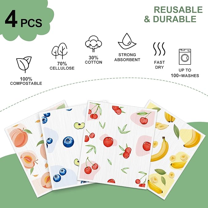 4 PCS Swedish Dishcloths, Reusable Kitchen Dish Cloths, Super Absorbent Cellulose Sponge Cloths, Odor Resistant, Dishwasher Safe & Multi-Purpose Cleaning Cloths