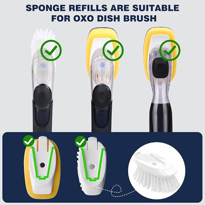 Sponge Brush Refills for OXO Soap Dispensing Dish Brush 6 Pack Refill Heads | Scrub Replacement Head for Scrubber Non-Scratch Sponge Replacement Head Fits Soap Dispensing Handle for Pots Pans Sink
