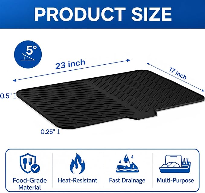 Large Silicone Dish Drying Mat – 23"x17" Sloped Sink Draining Tray with Sponge Holder for Kitchen Counter, Angled Surface for Water Drainage, Silicone Rack Mat with Drain Lip(Black)