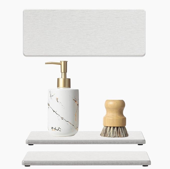 2PCS Beige Bathroom Sink Vanity Trays, Water Absorbing Diatomite Stone Drying Soap Dish Dispenser for Kitchen Counter, Sponge Holder Mat Rack Faucet Splash Guard Caddy Organizer, 9"x3.5"