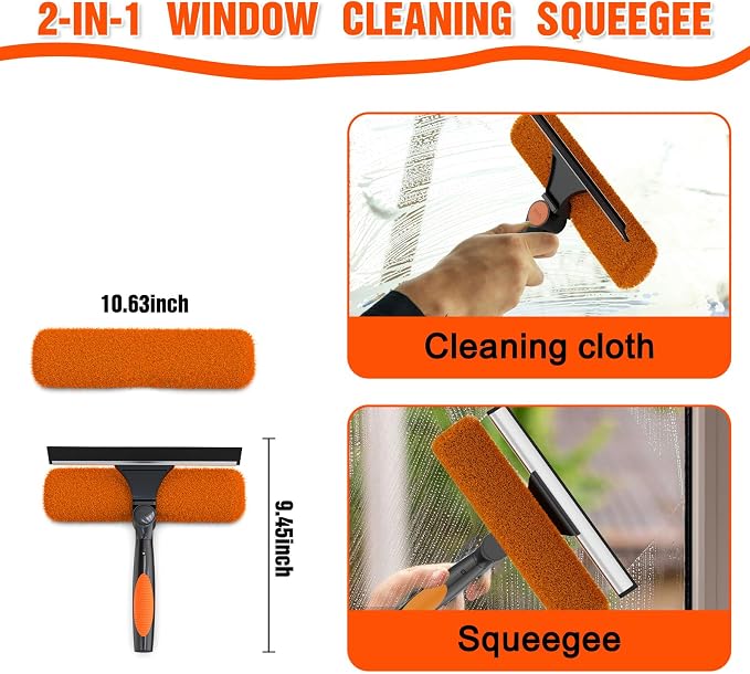 25FT Reach Window Squeegee Kit with Extension Pole, 2-in-1 Professional Washer for High Windows, 5-20FT Adjustable Reach, Rotatable Head for Indoor & Outdoor Use, Streak-Free Cleaning Tool for Home