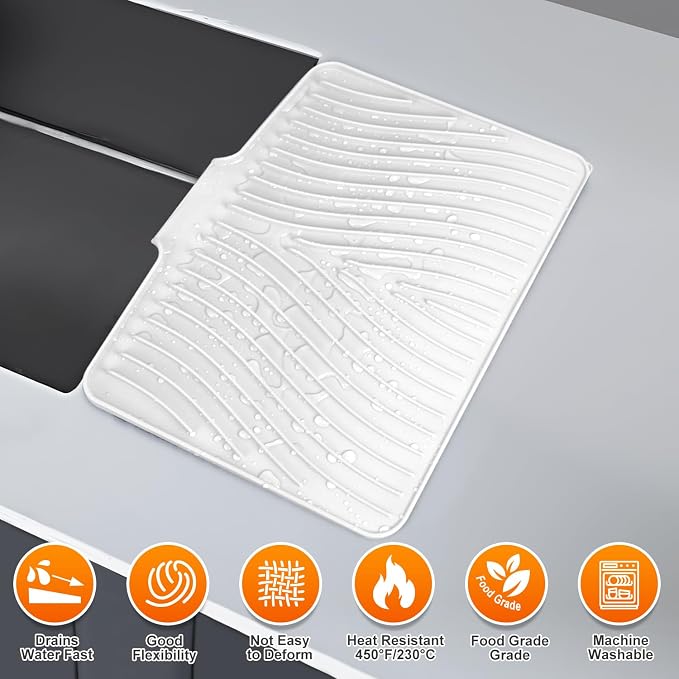 Silicone Dish Drying Mat for Kitchen counter, 19.7"x17" Extra Large Non-Slip Drain Pad with Built-in Drainage, Heat Resistant Dishwasher Safe, Ivory
