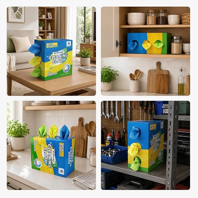 GLIMGLINT Microfiber Cleaning Cloth, 150 Pack Reusable Lint-Free Towels - Blue, Yellow & Green Soft Microfiber Towels for Home, Kitchen, Bathroom, Glass & Tables - 11"x9" Washable Shop Rags