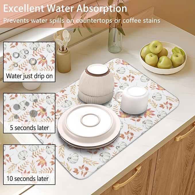 Fall Dish Drying Mat 2-Pack in White Pumpkin for Kitchen Counter Dishes | Diatom Mud Mats (18x24, 19.5x12"). Non-slip rubber back for kitchen counter, coffee bar & sink scenes
