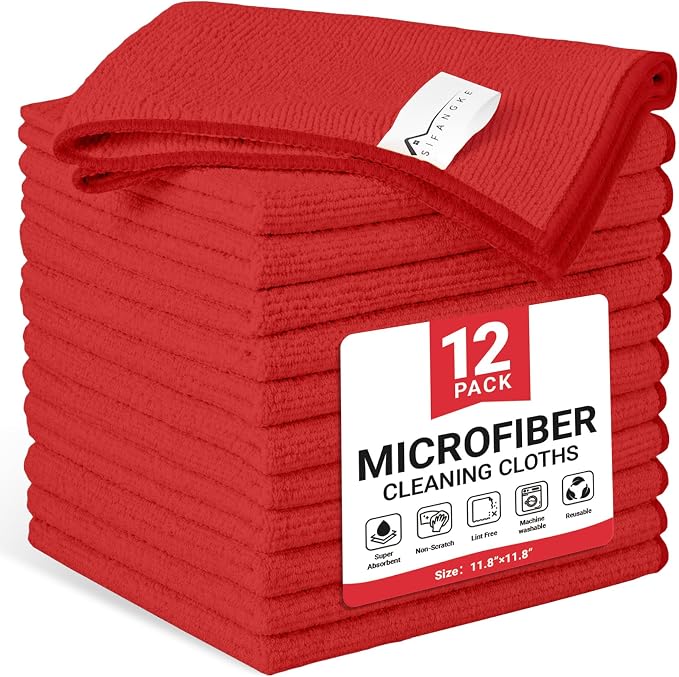 SIFANGKE Microfiber Cleaning Cloth, 12 Pack Red Cleaning Rags for Housekeeping, Reusable Microfiber Towels for Car, Kitchen, Bathroom and Household Cleaning Supplies, 11.8"X11.8"