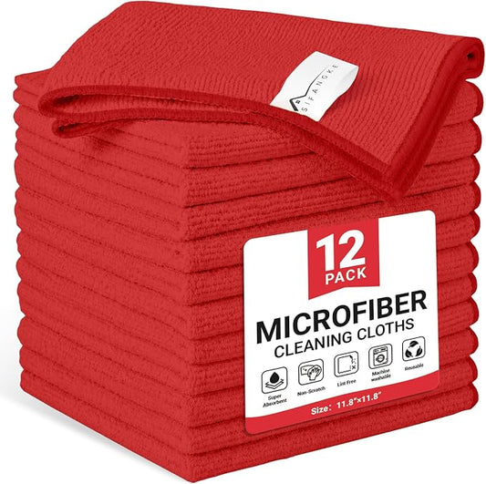 SIFANGKE Microfiber Cleaning Cloth, 12 Pack Red Cleaning Rags for Housekeeping, Reusable Microfiber Towels for Car, Kitchen, Bathroom and Household Cleaning Supplies, 11.8"X11.8"