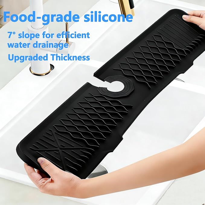 EBIGIC 24 Inch Silicone Faucet Mat for Kitchen Sink, 7° Slope Fast Self-Draining Sink Splash Guard, Kitchen Sink Water Catcher Organizer, Kitchen Sink Accessories (Black, 24''x5.6'')