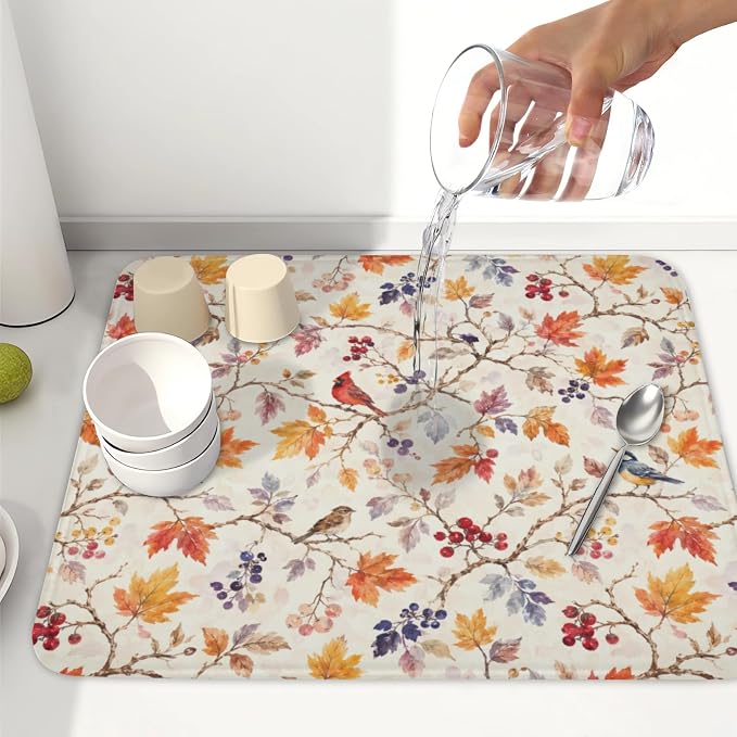 Fall Dish Drying Mat for Kitchen Counter Autumn Harvest Watercolor Maple Leaves Birds Dish Drainer Mat Rustic Farmhouse Absorbent Washable Drying Pad 16"x18"