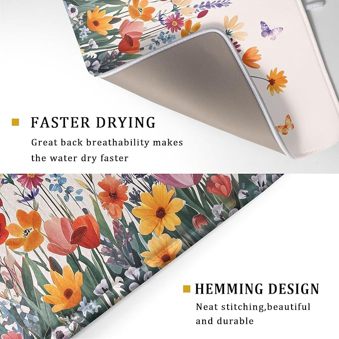 Kawani Spring Summer Flowers Dish Drying Mat for Kitchen Counter 16"x18" Colorful Floral Drying Mat Soft Absorbent Microfiber Farmhouse Fluttering Butterfly Dish Drainer Rack Mats for Counter tops